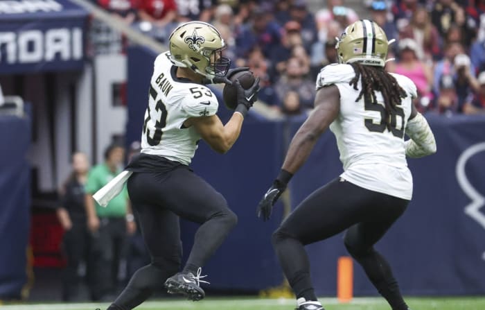 New Orleans Saints linebacker Zack Baun (53) intercepts a pass against the Houston Texans. Mandatory Credit: Troy Taormina-USA TODAY Sports